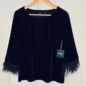 Rafaella Velvet Feather Trim Top NWT PM Black